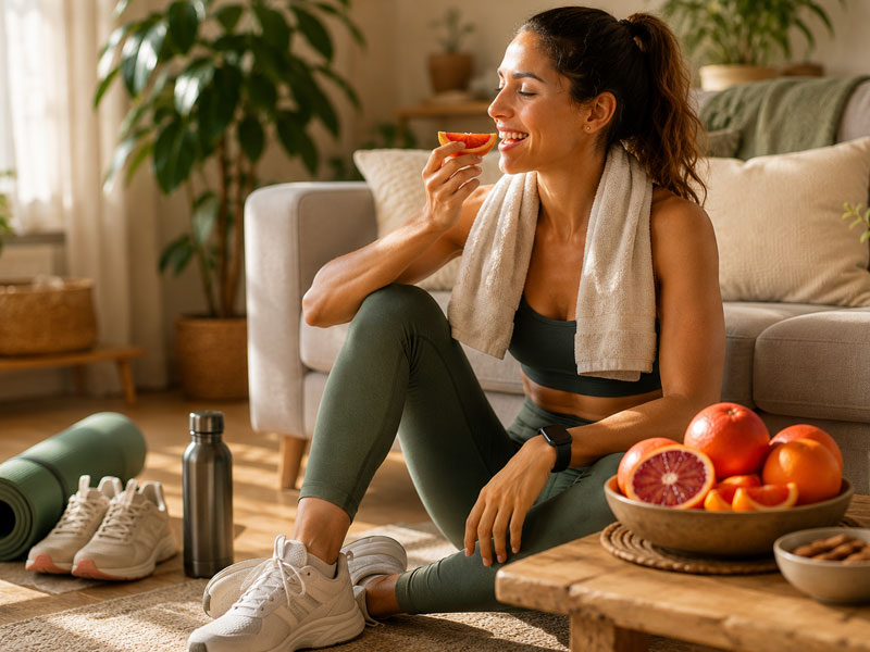 Una donna sorridente fa uno spuntino post-allenamento mangiando frutta di stagione, arance rosse Cosa Duci, sul tappetino da yoga