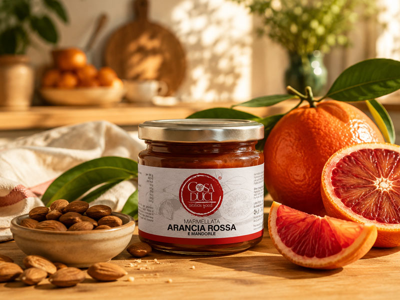 Un vaso di marmellata Cosa Duci di arancia rossa e mandorle, preparata con frutta di stagione appena raccolta, su un tavolo con ingredienti freschi