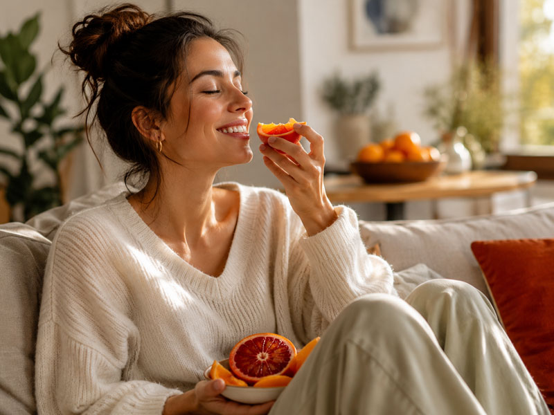 Una donna sorridente a tavola mentre sbuccia un'arancia rossa Tarocco, gustando la genuinità della frutta di stagione invernale Cosa Duci